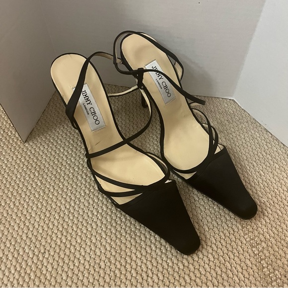 Jimmy Choo Black Strappy Pointed Round Toe Satin Heels Pumps Stiletto Size 9.5 - Picture 10 of 10